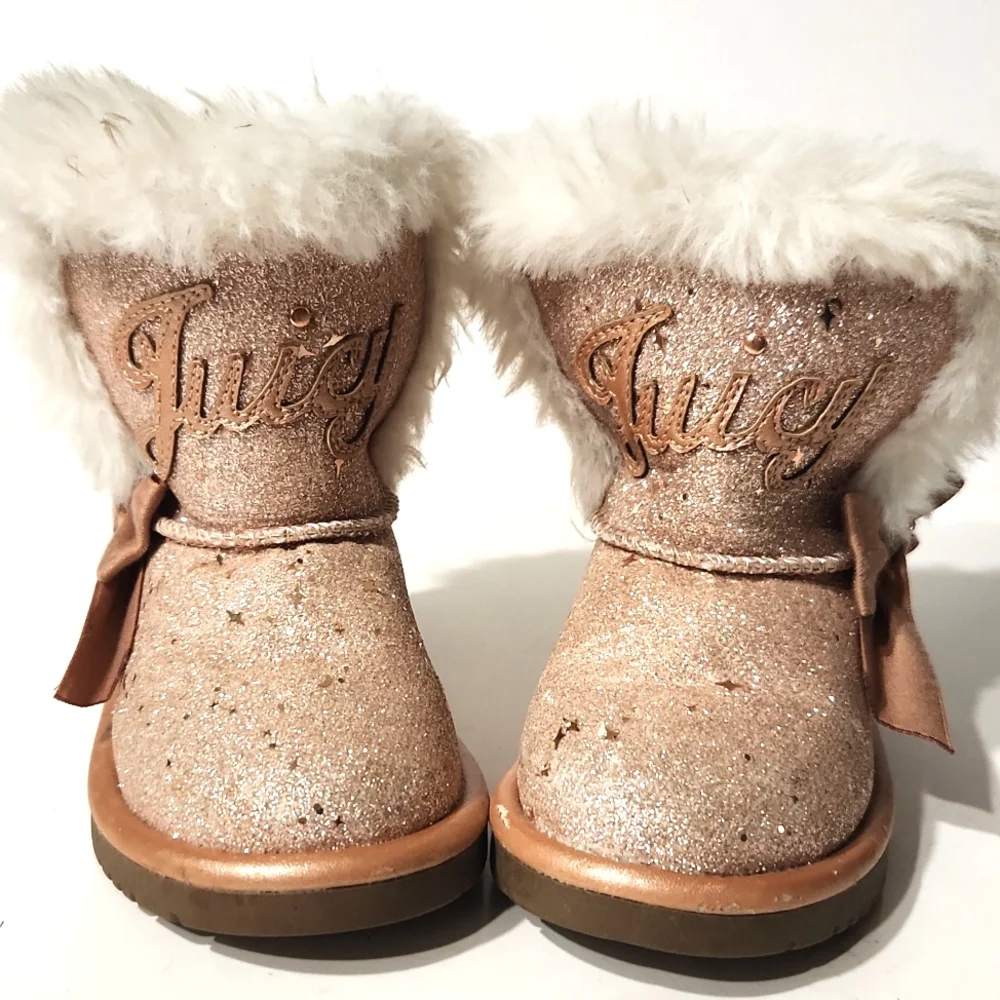 Juicy Couture Windsor Girl's Rose Gold Sparkle Faux Fur Toddler Boots Size 6